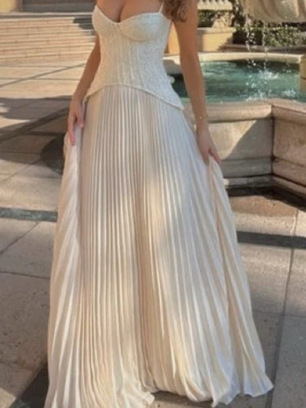 Fashion Nova Strapless Pleated Maxi Dress in Beige